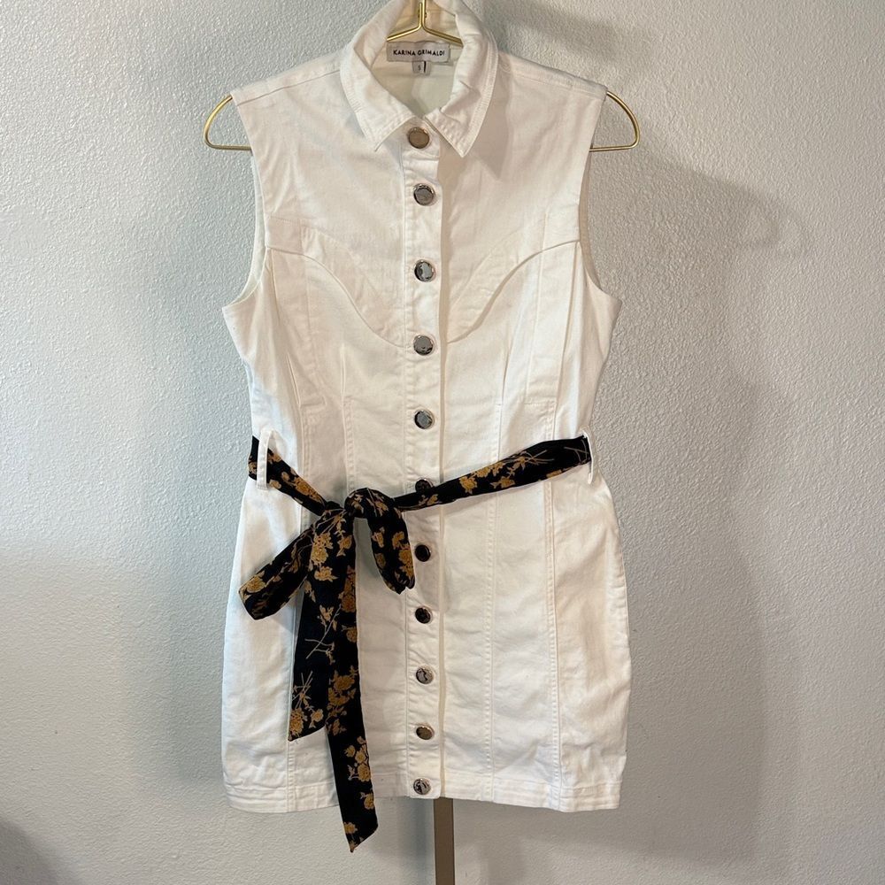 Karina Grimaldi- white/Cream button down Mini Dress- pockets- Size small